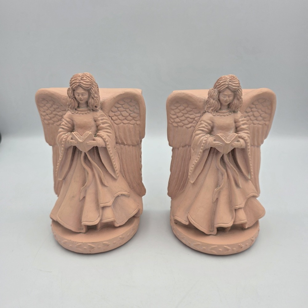 Vtg Abbey Press Salmon Pink Angel Bookends Heavy Resin 6" X 3 1/2" Cottagecore